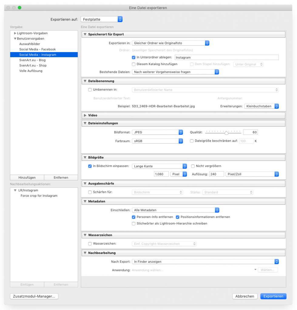 Exportvorgabe Instagram