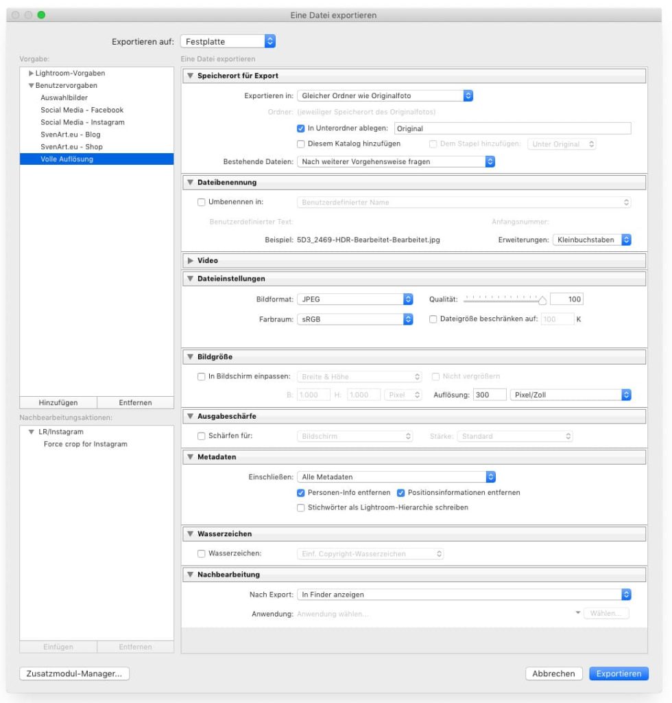 Exportvorgaben in Lightroom 